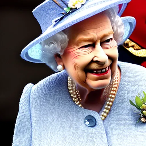 Image similar to the queen of england at a techno party smoking a joint, hyper realistic