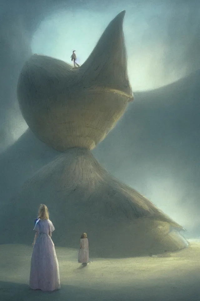 Image similar to atmospheric painting of a giant seashell house, a young girl stands outside, by john harris and moebius, atmospheric, concept art