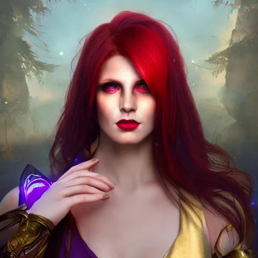 Image similar to redhead vampire sorceress, perfect face viewed in profile, bright glowing purple and red eyes, gold shirt, cinematic, floating ash, stunning, highly detailed, artstation, smooth, hard focus, concept art, art by artgerm and greg rutkowski and alphonse mucha, volumetric lighting, octane render, 4 k resolution, trending on artstation, masterpiece