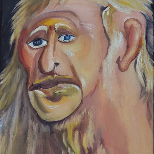 Prompt: a sexy blonde neanderthal man painting