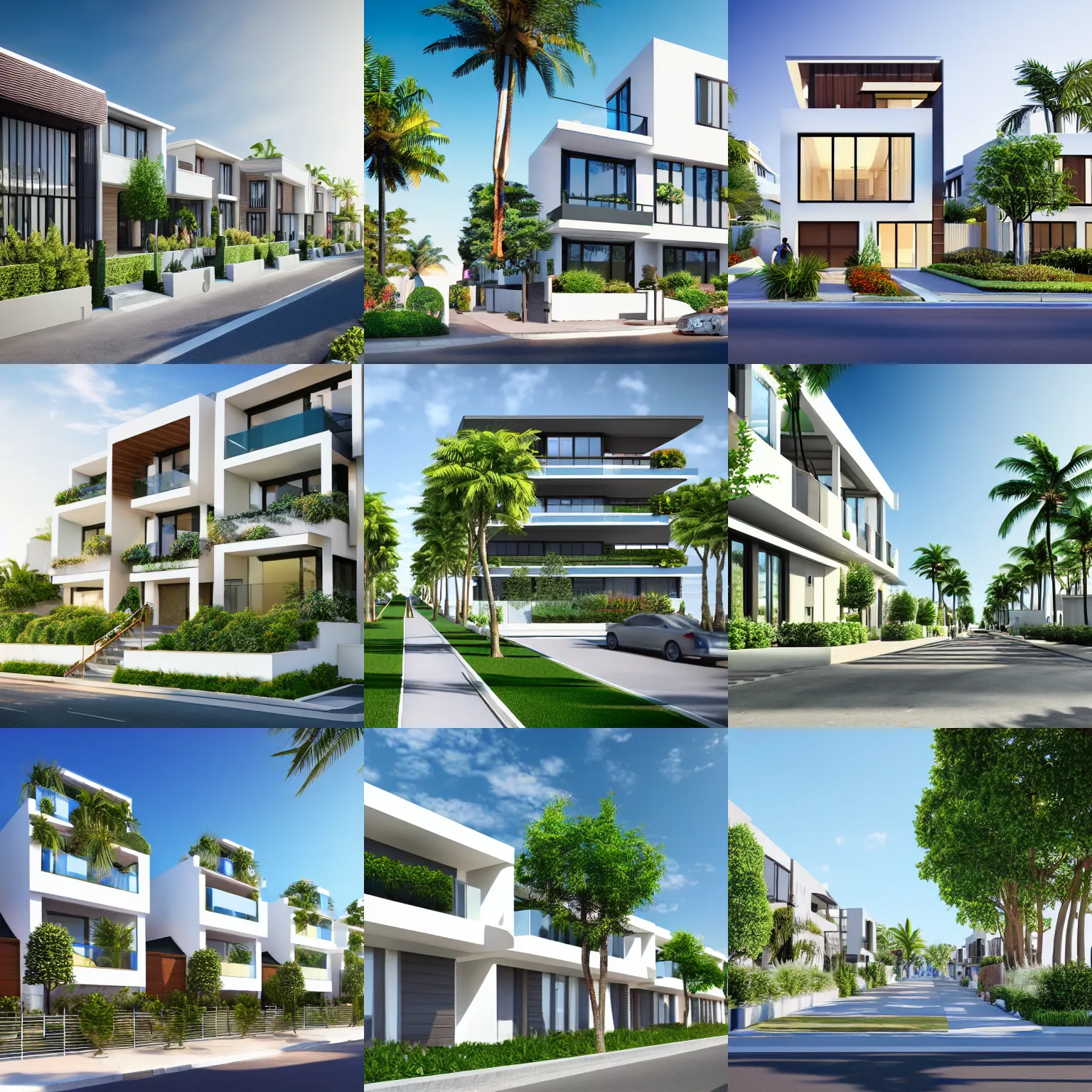 Prompt: render of a street with beautiful modern homes, designed for cozy aesthetics!, beachfront, energy efficiency and maximizing plants and greenery, cg render, sunny sky light, high resolution, professional