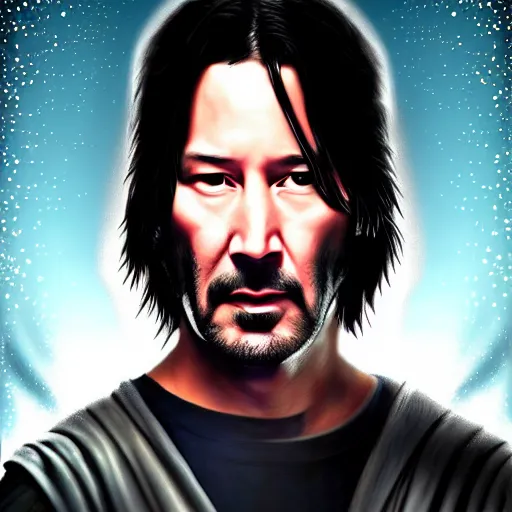 Image similar to keanu reevs as jedi, hyper detailed masterpiece, digital art painting, hyper realism aesthetic