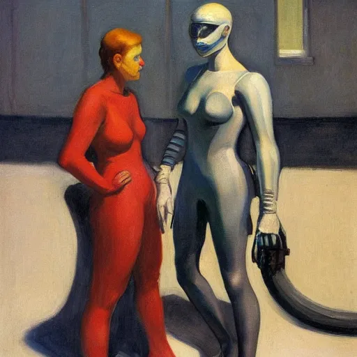 Image similar to cyborgs by edward hopper