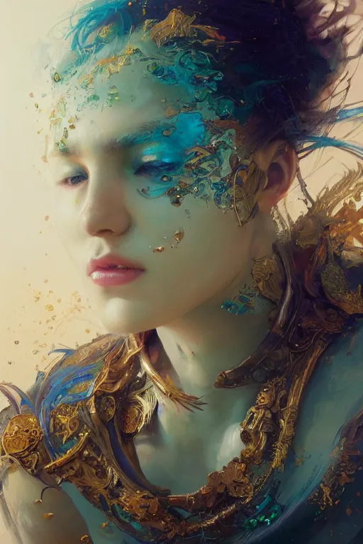 Prompt: face closeup of beautiful girl in intricate detailed color smashing fluid oilpaint, 3 d render, hyper realistic detailed portrait, gold leaves, ruan jia, wlop. scifi, fantasy, hyper detailed, octane render, concept art, by peter mohrbacher, by wlop, by ruan jia