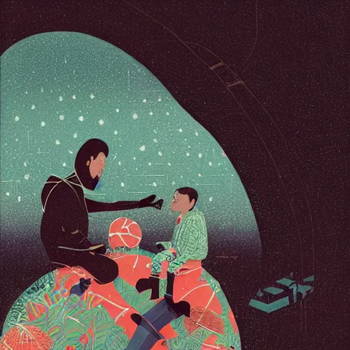 Image similar to a son admiring his father, joyful, illustration by victo ngai, studio muti, malika favre