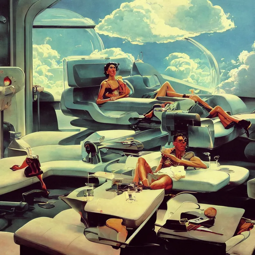 Image similar to a futuristic lounge room on the edge of a meadow. billowing clouds. highly detailed science fiction painting by norman rockwell, frank frazetta, and syd mead. rich colors, high contrast, gloomy atmosphere. trending on artstation.