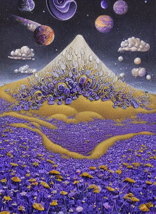 Image similar to detailed, intricate blue black and purple papaverum flower on the field, nebula, galaxy in the sky, winning award masterpiece, fantastically beautiful, illustration, aestheticly inspired, jacek yerka, upscale with anguissola sofonisba work, artstation, 8 k