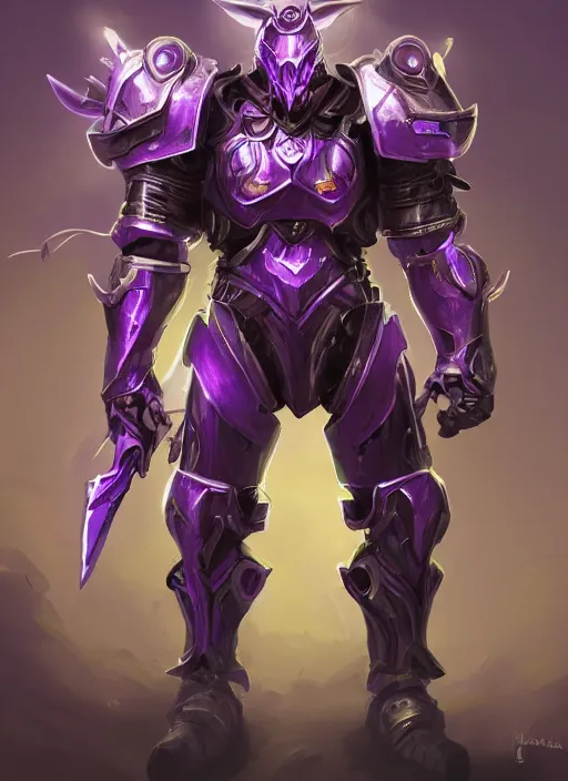 Image similar to a highly detailed illustration of fantasy cyber knight with machine gun arms, rigid bulky armor, purple glowing core in armor, dramatic standing pose, intricate, elegant, highly detailed, centered, digital painting, artstation, concept art, smooth, sharp focus, league of legends concept art, WLOP