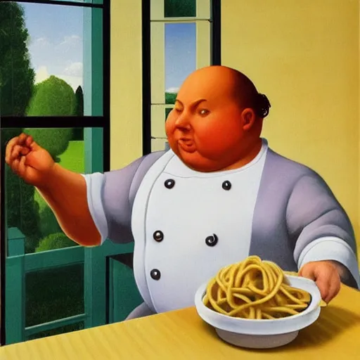 Image similar to a very fat chef offers you pasta by Raphael, Hopper, and Rene Magritte. detailed, romantic, enchanting, trending on artstation.