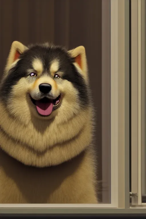 Image similar to happy finnish lapphund dog wearing a crown at house window. pixar disney 4 k 3 d render funny animation movie oscar winning trending on artstation