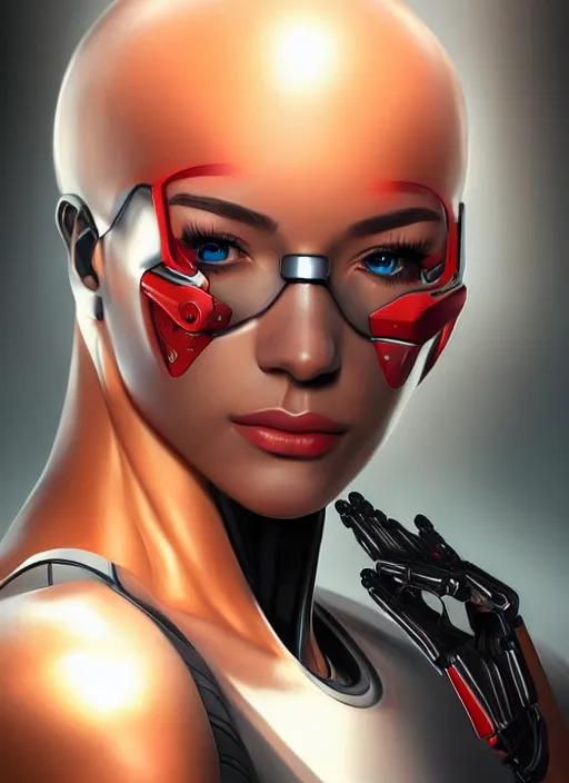 Image similar to portrait of a cyborg woman by Artgerm, (((((face turns left))))) (((((((face turns right))))))), eyes closed , biomechanical, hyper detailled, trending on artstation