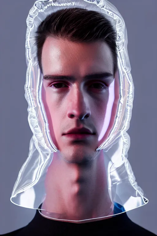 Image similar to an ultra high definition professional high fashion portrait studio full length photograph of a male model wearing a transparent pearlescent raincoat and neon visor in an icelandic black rock environment at dawn. no artefacts. extremely detailed. stark. refraction. shallow depth of field. volumetric light and shadow. ray tracing. light rays.