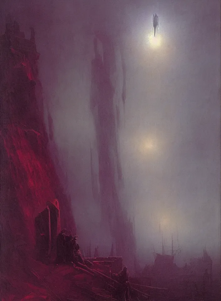 Image similar to the blind liberty of the few, red and purple palette, volume light, fog, by caspar david friedrich by ( h. r. giger ) and paul lehr