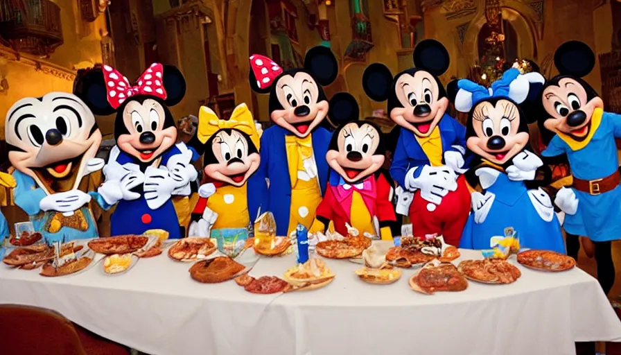 Prompt: disney characters at the last supper, mickey and minnie mouse, donald duck, goofy, pluto