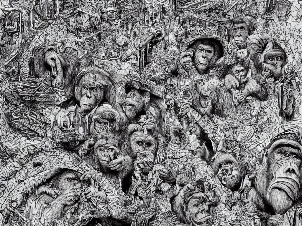 Image similar to bored ape club monkeies by Chor Boogie, intricate details, ultra detailed, 4K, award-winning, touch of M. C. Escher and Salvador Dali