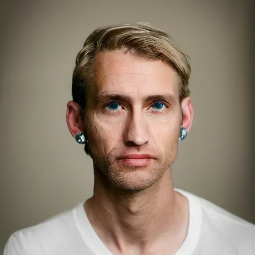 Prompt: full face color photograph of a 40 year old very handsome skinny white man with short, curly, light blond hair and very small slanted blue eyes, dressed in a white t shirt, gray shorts and black socks, with a small mole to the right of his very thin lips, with a straight nose and blond stubble on his round face, and an earring in the left ear. His small eyes, blond hair and manly features make him look like a lion.