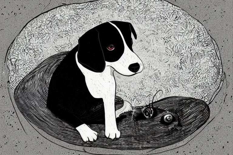 Image similar to cute black and white jack russel terrier laying on dog bed, large round eyes, concept art, fantasy illustration, sketch by victo ngai and diego gisbert llorens