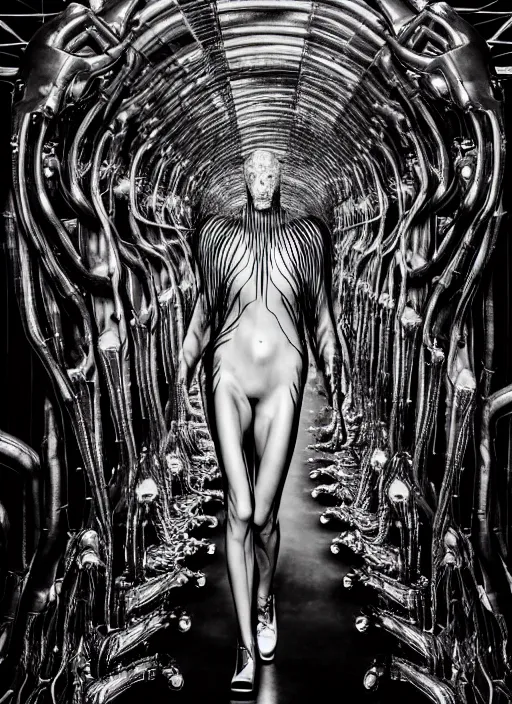 Image similar to walking down the catwalk, steven klein, h. r. giger, show, stage, vogue photo, podium, fashion show photo, historical baroque dress, iris van herpen, beautiful woman, full body shot, masterpiece, inflatable shapes, alien, predator, guyver, jellyfish, white biomechanical details, highly detailed