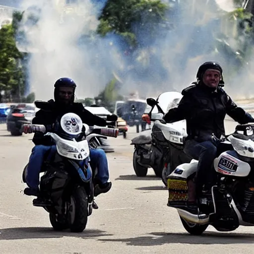 Image similar to chad president jair messias bolsonaro, riding a motorcicle with explosions on the background