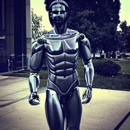 Image similar to “a realistic detailed photo of a guy who is an attractive humanoid who is half robot and half humanoid, who is a male android, Seth Rollins, shiny skin, posing like a statue, blank stare”