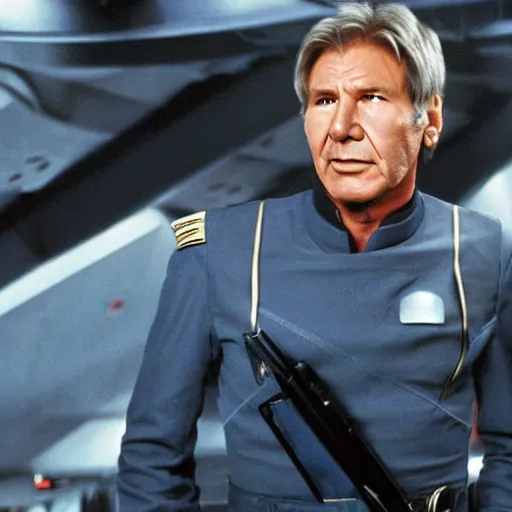 Image similar to A still of Harrison Ford as Commander Adama in Battlestar Galactica (2003) wearing a dark blue uniform, a Cylon is in the background