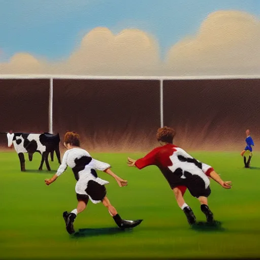 Image similar to painting of soccer game played by cows