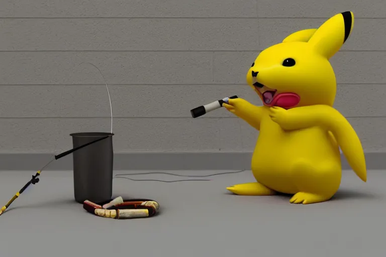 Prompt: hyperrealism simulation hyperrealism pikachu wearing hyperrealism tuxedo and smoking, fishing in hyperrealism scene from hyperrealism cyberpunk movie with many details by wes anderson and denis villeneuve and mike winkelmann rendered in blender and octane render