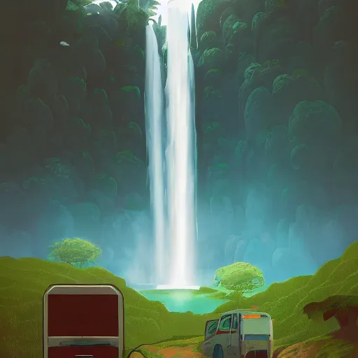 Image similar to landscape art of a waterfall in the shape of a giant printer in the style of Simon Stålenhag, digital art trending on Artstation