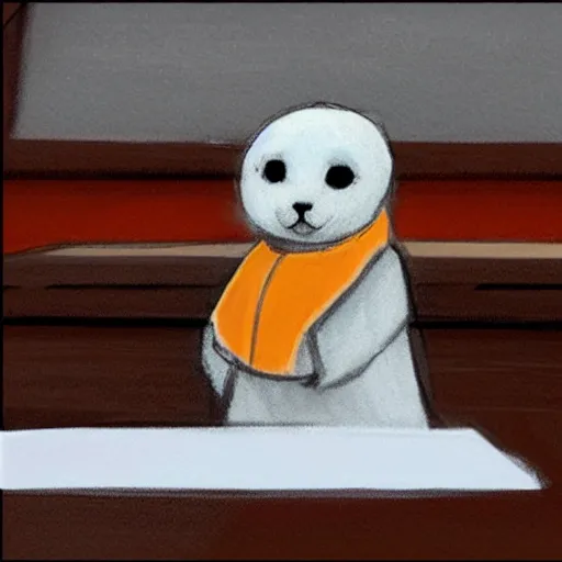 Image similar to a baby harp seal in an orange prisoner jumpsuit at the witness stand, courtroom sketch