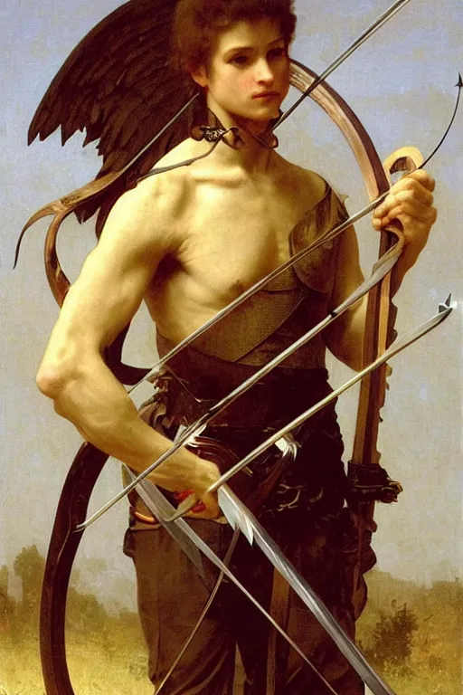 Image similar to portrait of a skeleton archer with bow and arrow in the middle world, wearing helmets with wings, wearing european style armor, holding a sword in both hands, symmetrical, solemn, sacred, aura, by bouguereau