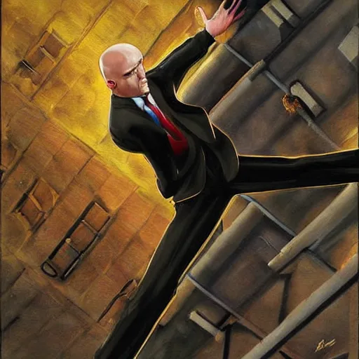 Image similar to agent 4 7 drop kicks battler off top of the cell, realist painting