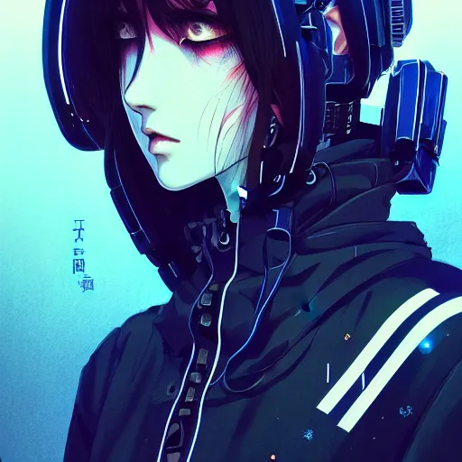 Image similar to by kyoto animation, cool girl wearing cyberpunk intricate streetwear, beautiful, detailed symmetrical close up portrait, intricate complexity, in the style of artgerm and ilya kuvshinov, cell shaded, 4 k, concept art, by wlop, krenz cushart, greg rutkowski, pixiv. cinematic dramatic atmosphere, cinematic lighting, studio quality