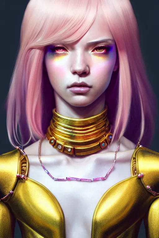 Prompt: hyperdetailed portrait of a stunningly beautiful european girl androgynous guard made of iridescent metals shiny pink gems, bright nimbus, thin golden necklace, inspired by ross tran and wlop and masamune shirow and kuvshinov, concept art, intricate, photorealistic, octane render, rtx, hdr, unreal engine, dnd digital art by artgerm