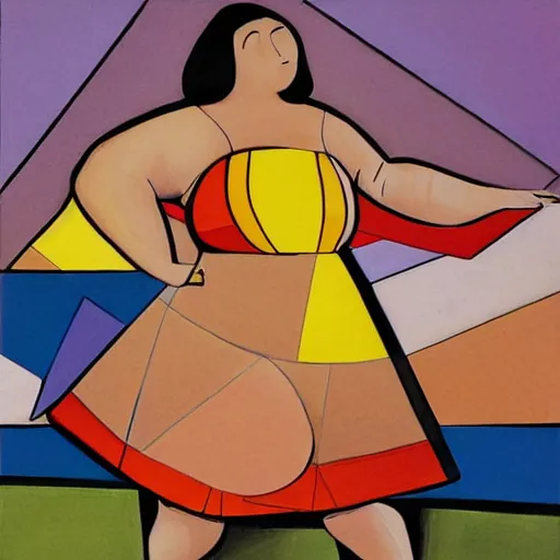 Image similar to beautiful sunset, fat woman dancing, cubism, muted colors, texture