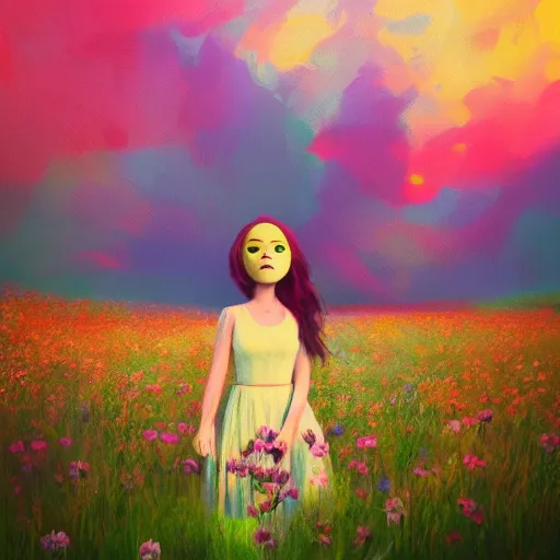 Prompt: girl with a flower face, surreal photography, dream, standing in flower field, magical, in a valley, sunrise dramatic light, impressionist painting, colorful clouds, artstation, simon stalenhag, flower as face