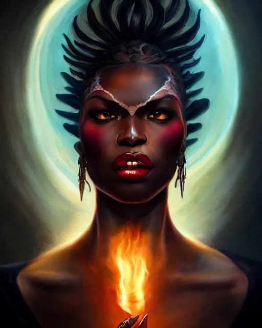 Prompt: Fierce ebony woman with a draconic face tattoo, dark fantasy stylized portrait, radiant light, glowing halo, artgerm, peter mohrbacher, deviantart