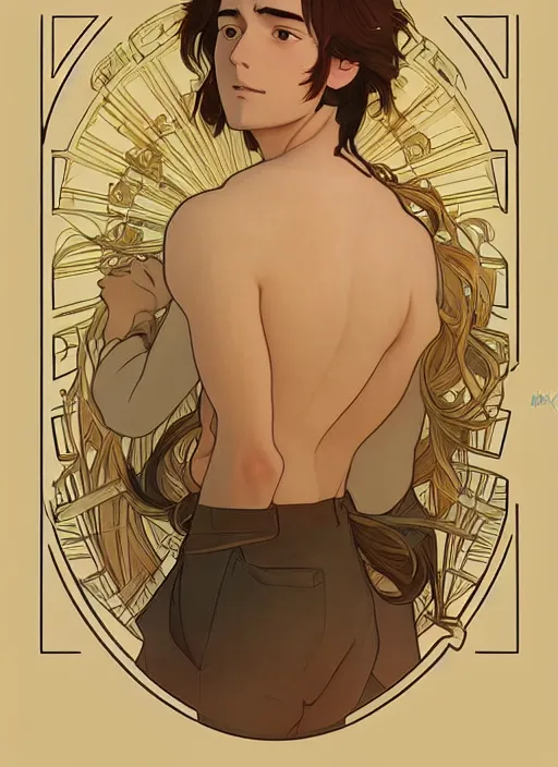 Image similar to pretty young man with shoulder length shiny shimmering golden blond hair, half body shot, path traced, highly detailed, high quality, digital painting, by studio ghibli and alphonse mucha, leesha hannigan, hidari, disney