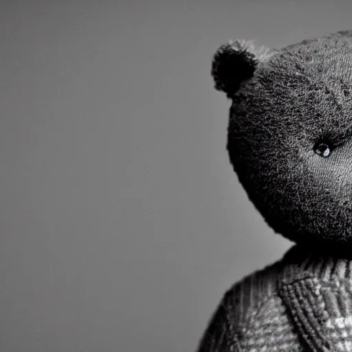 Image similar to Portrait studio photograph of Kanye West standing beside of a anthropomorphic teddy bear, close up, shallow depth of field, in the style of Felice Beato, Noir film still, 40mm