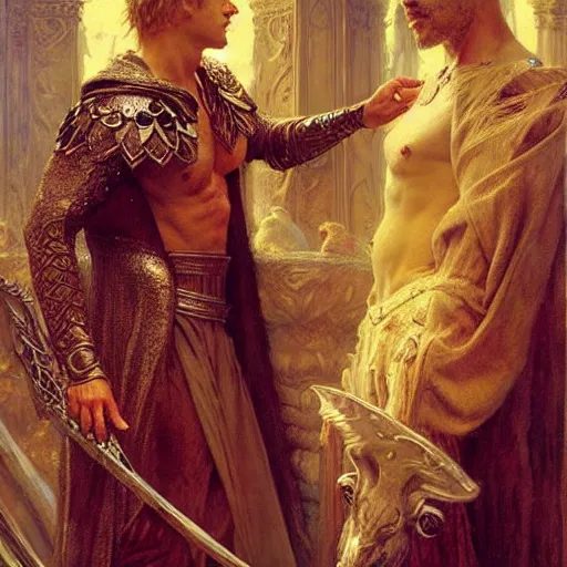 Image similar to stunning arthur pendragon in love with stunning male merlin the mage. they are close to each other. highly detailed painting by gaston bussiere, craig mullins, j. c. leyendecker