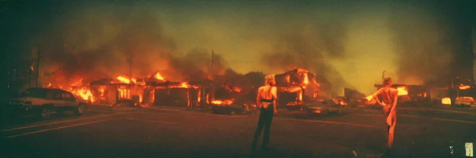 Image similar to 8 0 s polaroid photo, cinema still from david lynch movie, sleazy man watching night streets while a house burns in the background, colorful haze, americana, high production value, 8 k resolution, hyperrealistic, hdr, photorealistic, high definition, high details, tehnicolor, award - winning photography, masterpiece, amazing colors