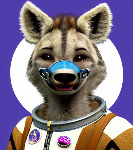 Image similar to digital detailed portrait of anthromorphic female hyena, in style of zootopia, fursona, furry, furaffinity, 4 k, deviantart, wearing astronaut outfit, in style of disney zootopia, floating in space, space background, in deep space, dark background, hyena fursona, cyberpunk, female, detailed face, style of artgerm,