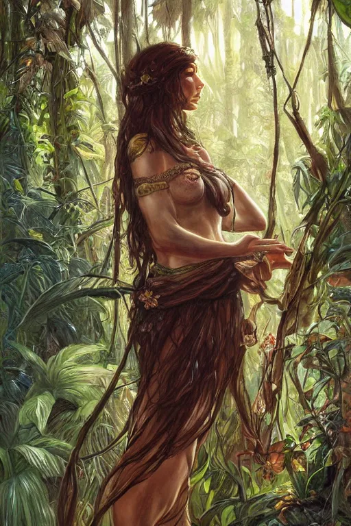 Prompt: ultra realistic illustration, bohemian spanish girl in jungle, staring directly into camera, intricate, elegant, highly detailed, digital painting, artstation, concept art, smooth, sharp focus, illustration, art by artgerm and greg rutkowski and alphonse mucha