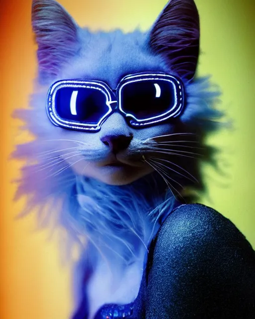 Image similar to natural light, soft focus portrait of a cyberpunk anthropomorphic cat with soft synthetic pink skin, blue bioluminescent plastics, smooth shiny metal, elaborate ornate head piece, piercings, skin textures, by annie leibovitz, paul lehr