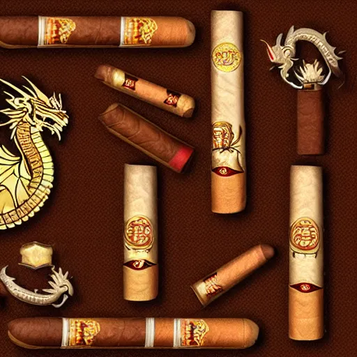 Image similar to digital art of the most rate and quality rich dragon themed cigar set you could ever obtain in a lucid dream, astonishing detail, award winning, fantastic composition, beautiful lighting