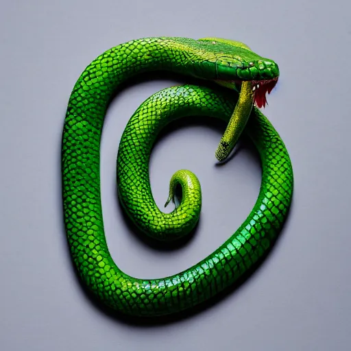 Image similar to long green reptile with snake head and snake eyes and fangs and with scales and snake tail