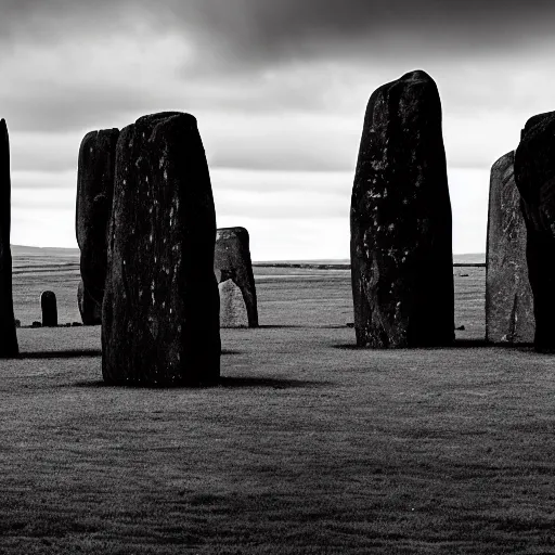 Image similar to a robed human figure stands among the neolithic standing stones of stenness, black and white, grainy, snow, brooding clouds, matte painting, concept art, 4k -W 1280