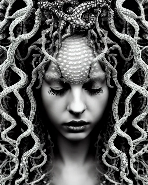 Image similar to surreal mythical dreamy artistic black and white fine art photo of a beautiful young female medusa - cyborg covered with fish scales and algae, highly detailed, intricate crystal ivy jelly fish scales ornate, poetic, octane render, 8 k, photo - realistic