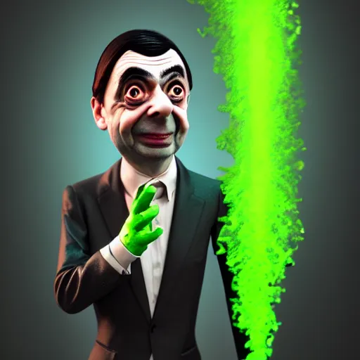 Image similar to mr. bean depicted as a mad scientist, wearing a lab coat, mixing green acids, digital art, trending on artstation and unreal engine