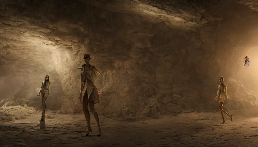 Image similar to Fashion Catwalk in a secret underground cave inside the Pyramids, Concept Art, Artstation, Hyperdetailed, Unreal Engine, Octane, Redshift, 4k, Fashion Photography