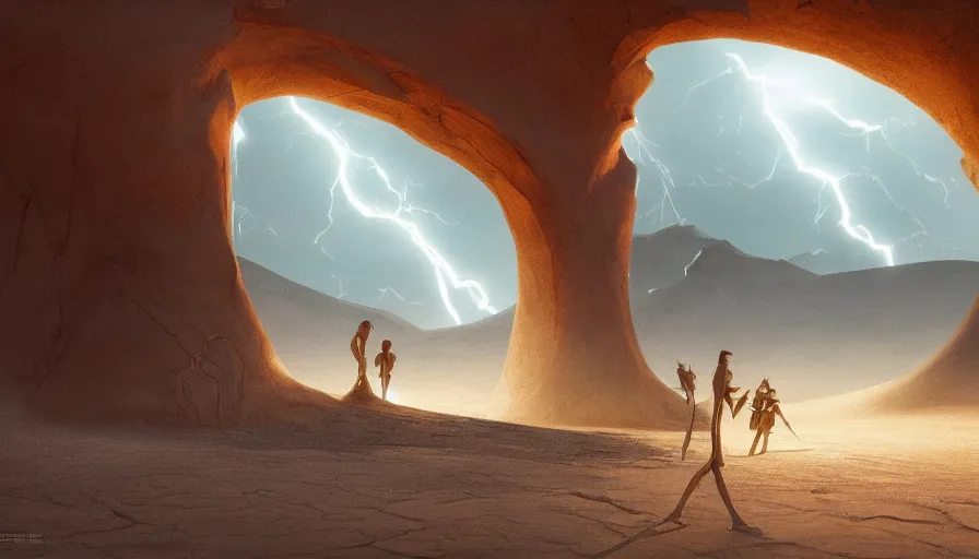 Image similar to a magical gate inside a sand tsunami glowing sci - fi time in the desert to another dimension, focus gate, protal, a man watching over, lightning by, caspar david friedrich by james gilleard and justin gerard, artstation, smooth, sharp focus, by jean baptiste, octane render